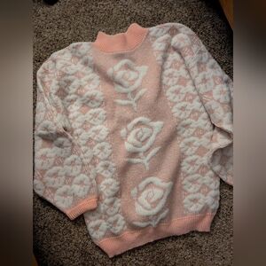 Vintage Elegant Pink and White Rose Pattern Sweater
